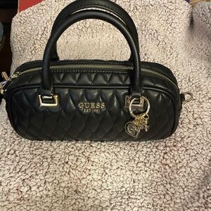 GUESS Black Quilted Mini Satchel with Gold Charm Hardware